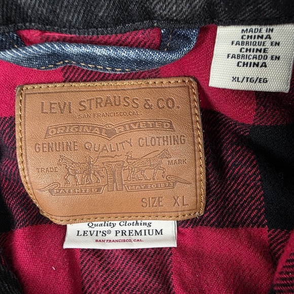 Levis Premium Trucker Jacket Mens XL Denim Plaid Flannel Buffalo Check Sleeve - Picture 3 of 7
